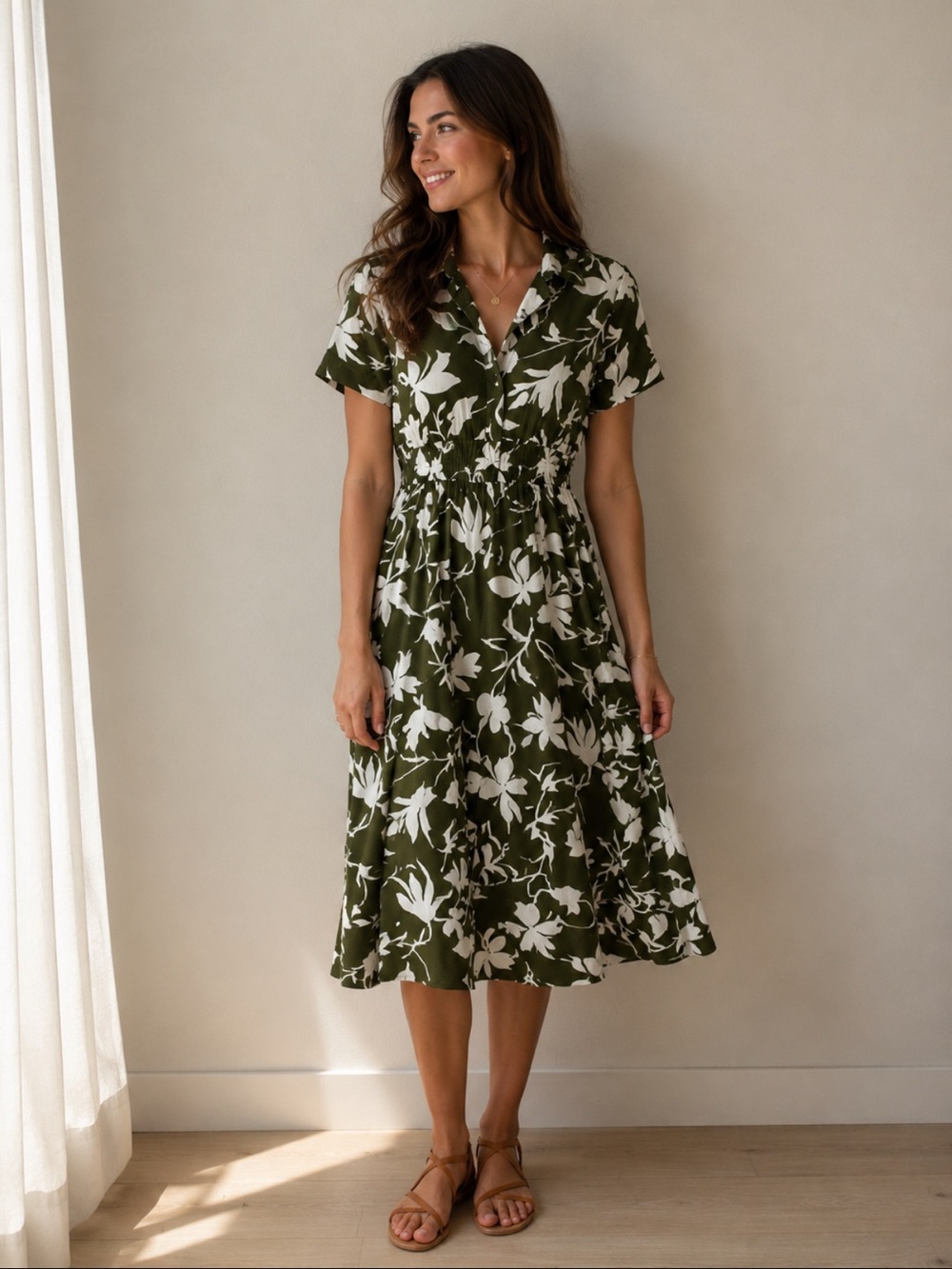 Harlow Olive Green and White Floral Shirred-Waist Midi Dress